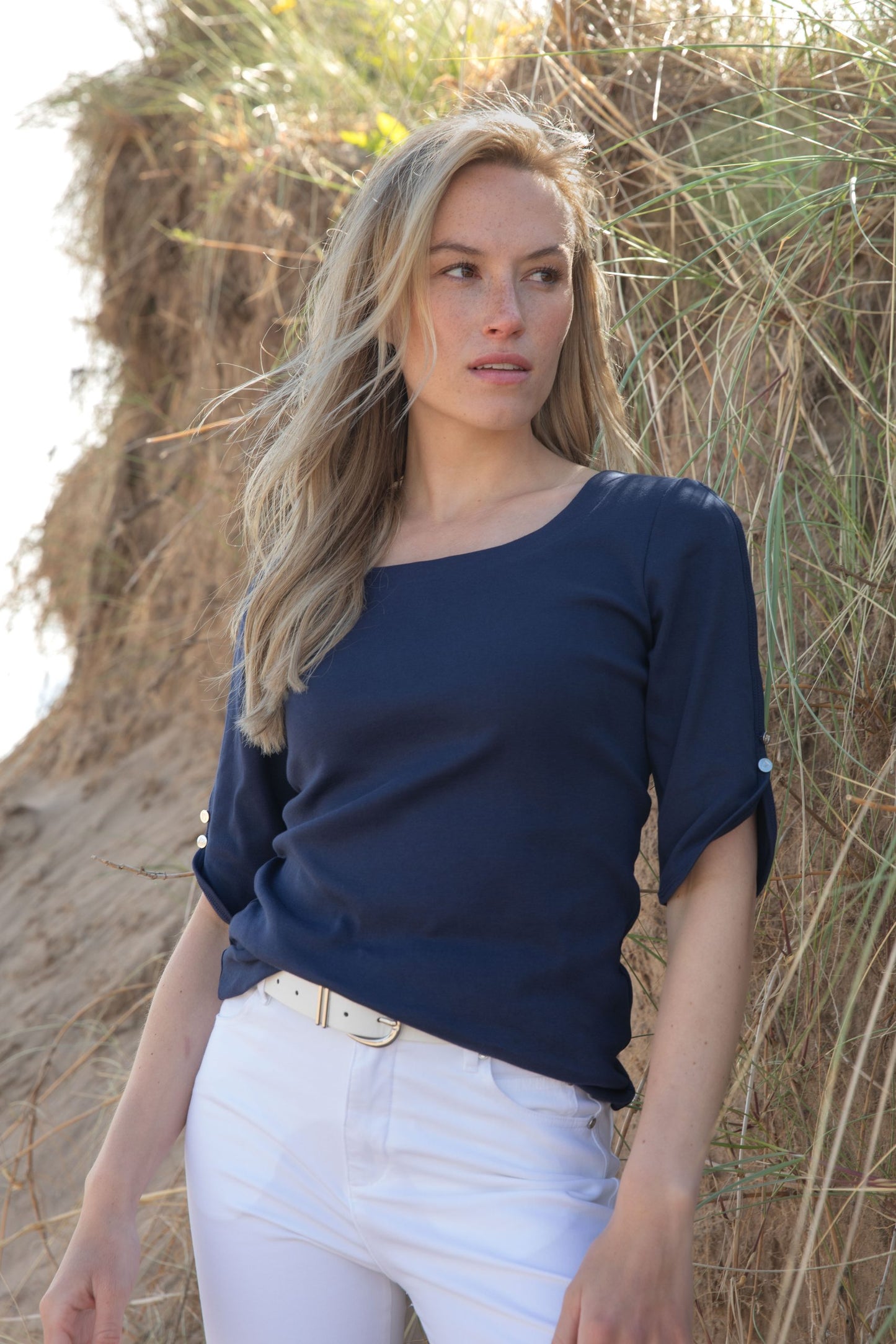 Marble 7359 Navy Button Top
