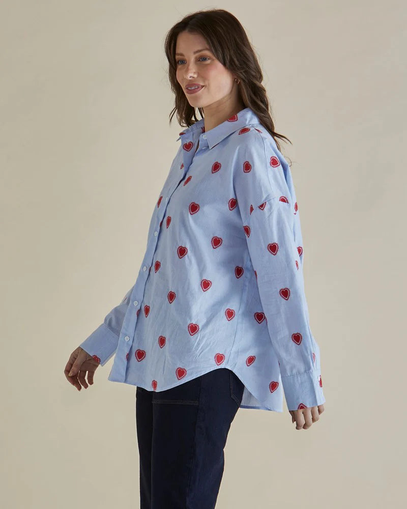 Betty Basics Sage Blue Heart Stripe Shirt