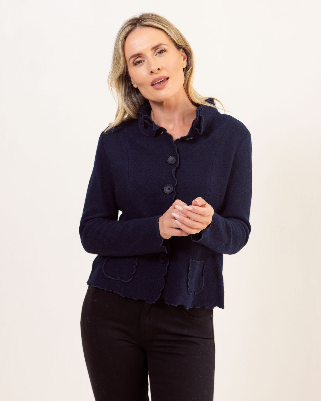 See Saw Boiled Wool Ruffle Trim Jacket