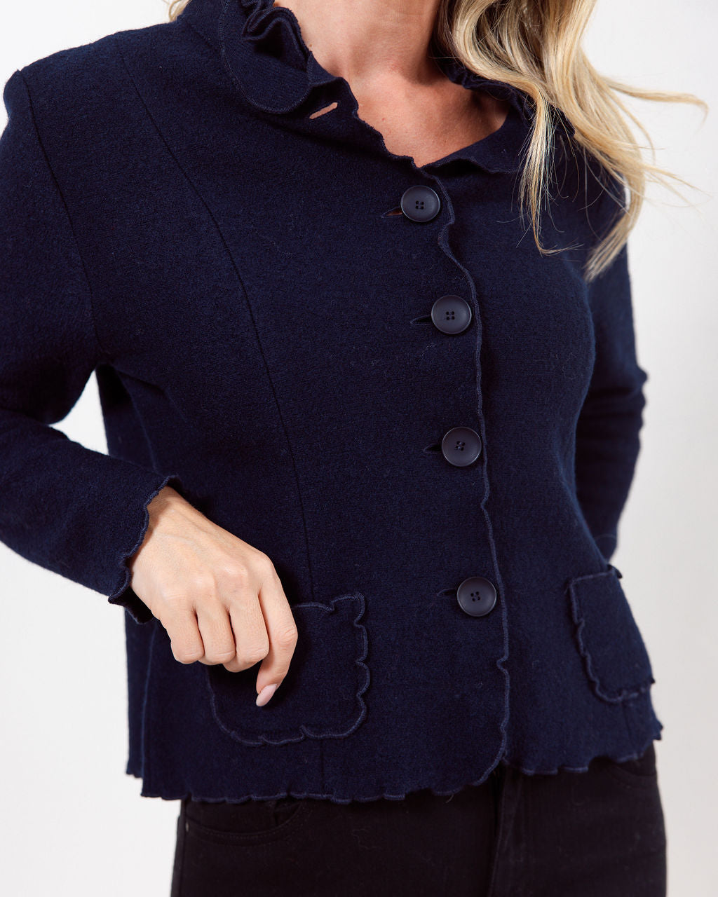 See Saw Boiled Wool Ruffle Trim Jacket