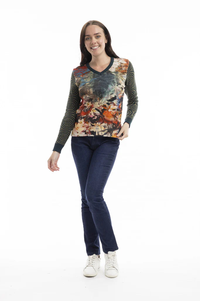 Orientique Digital V-Neck Knit Top