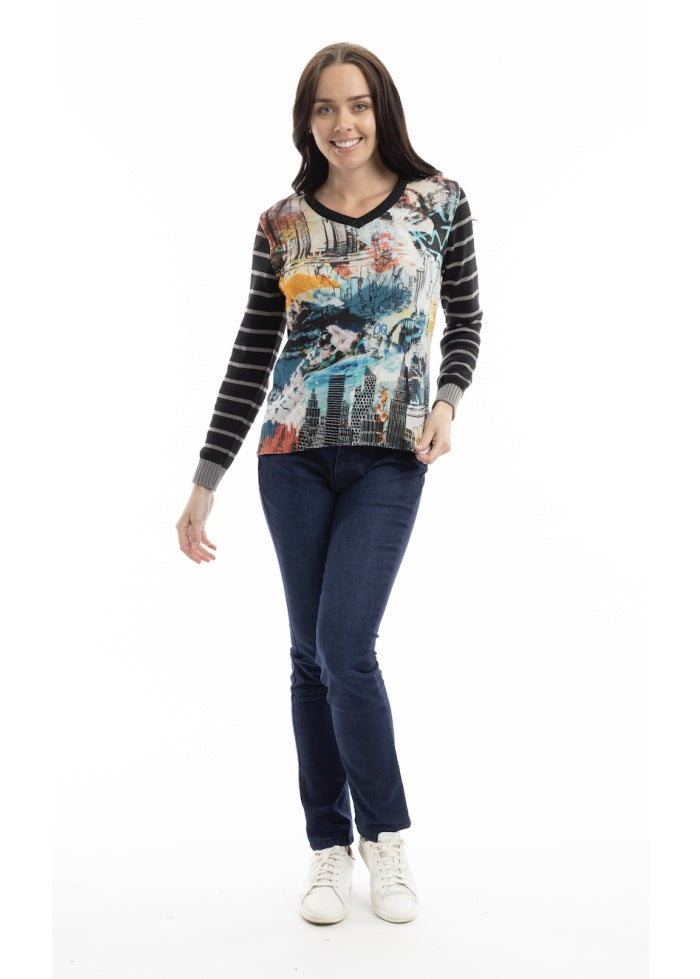 Orientique Digital V-Neck Knit Top
