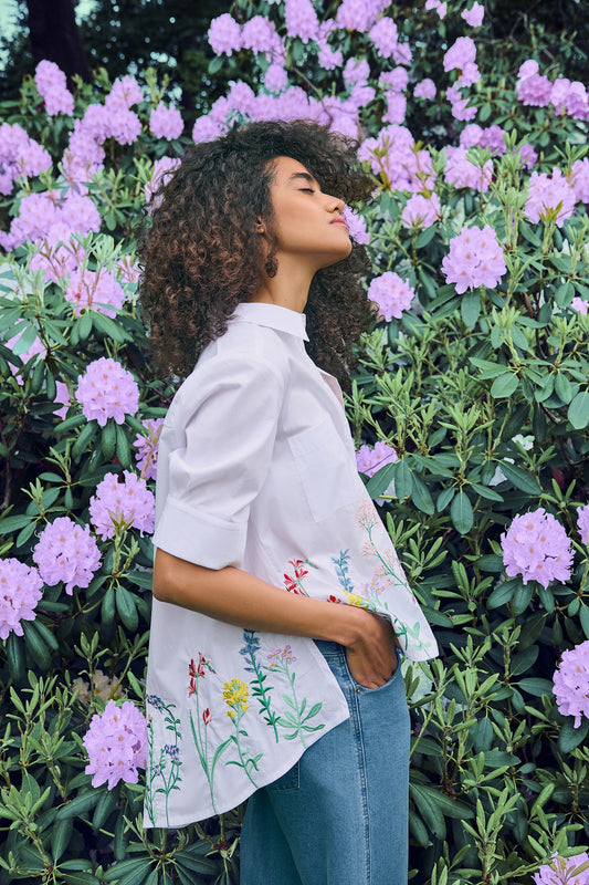 Noen White Floral Embroidered Shirt