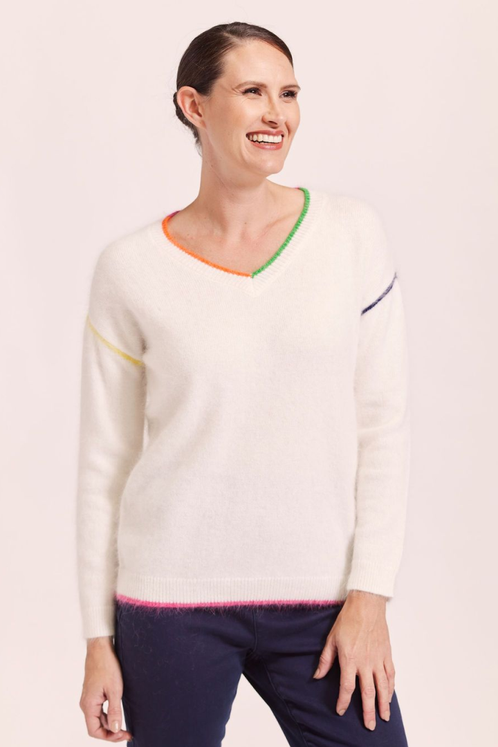 See Saw V Neck White Stripe Sweater