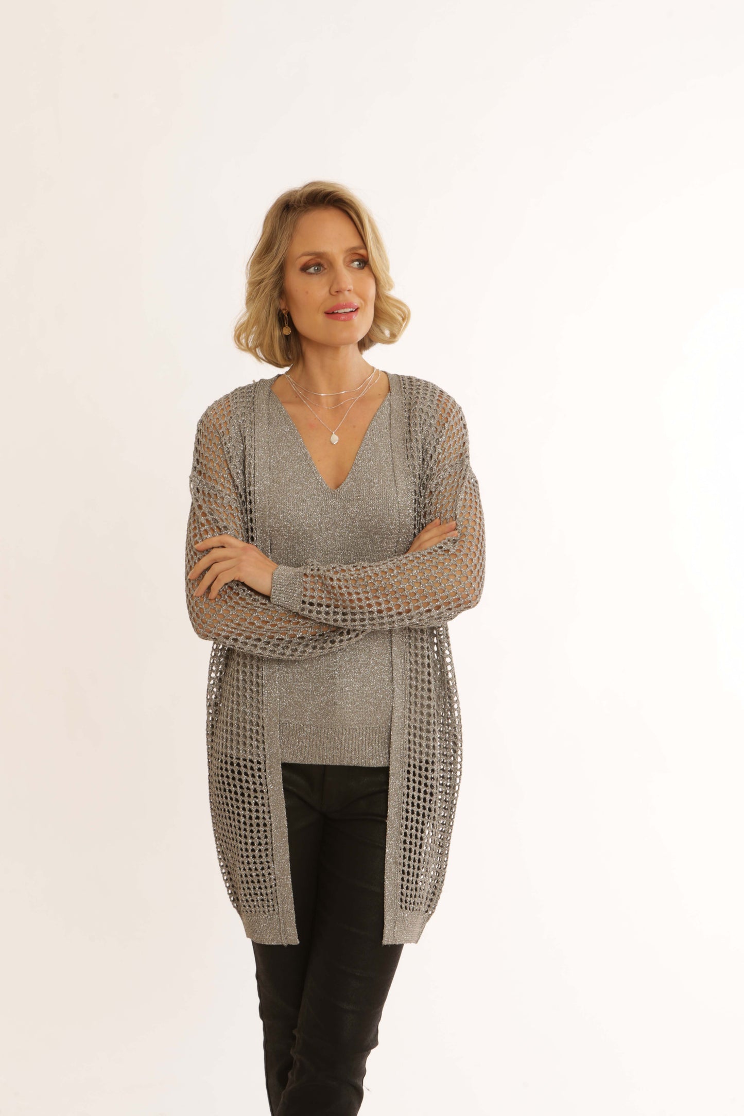 Pomodoro Long Silver Crochet Cardigan