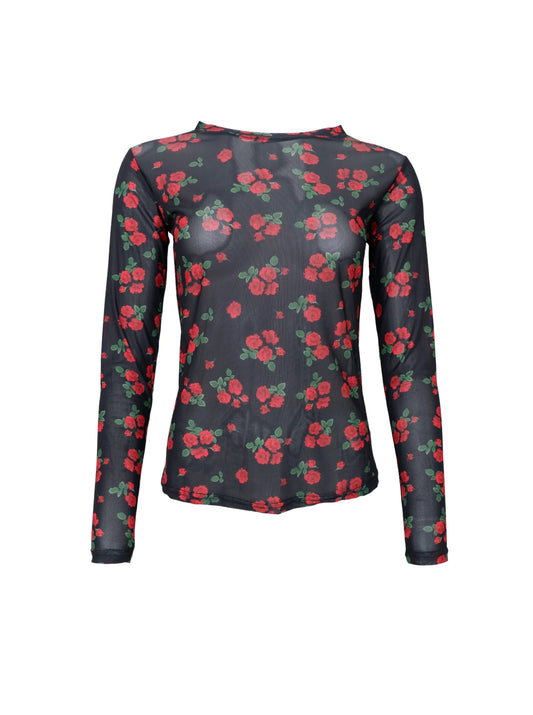 Black Colour Annie Red Flower Mesh Blouse
