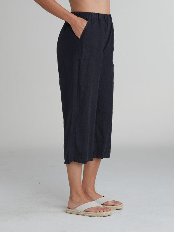 Cut Loose Crop Dark Navy Linen Trousers