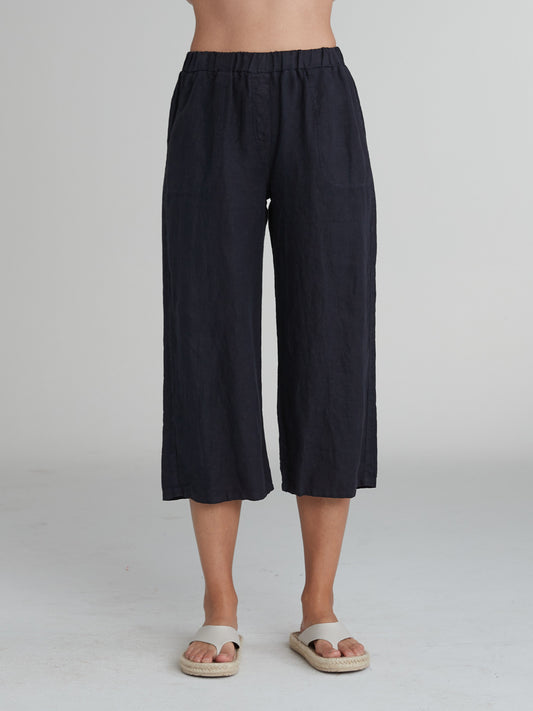 Cut Loose Crop Dark Navy Linen Trousers