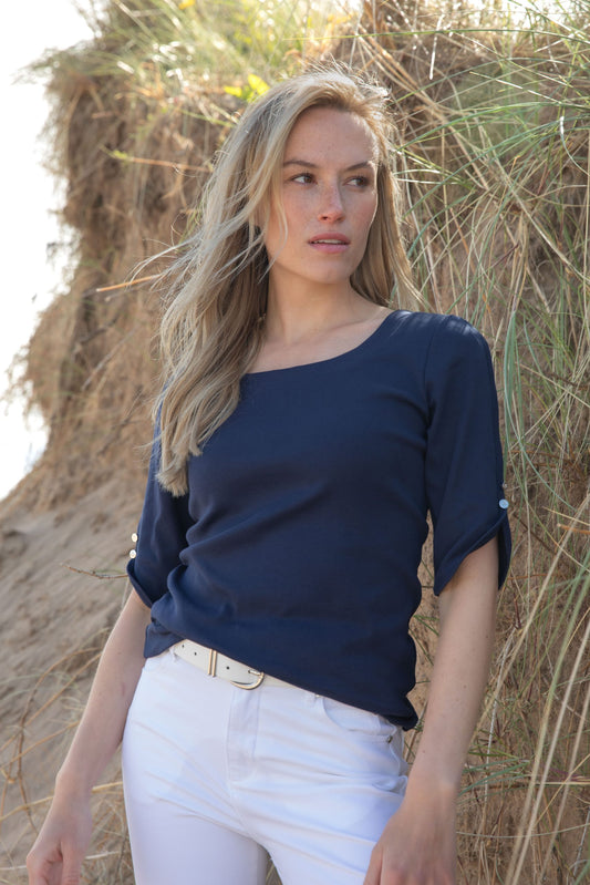 Marble 7359 Navy Button Top