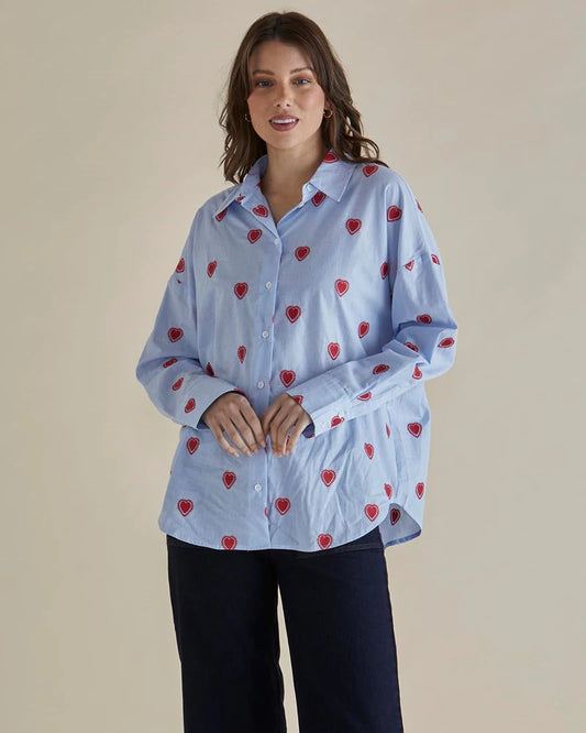 Betty Basics Sage Blue Heart Stripe Shirt