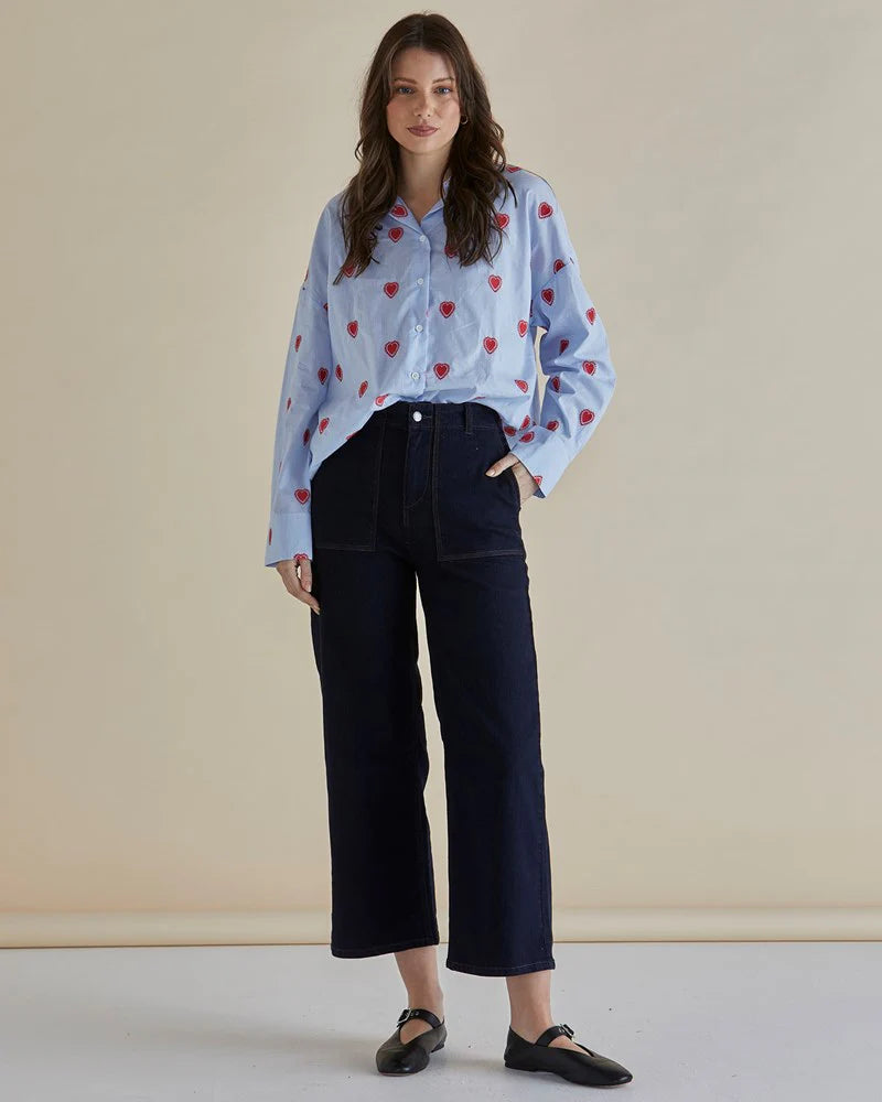 Betty Basics Sage Blue Heart Stripe Shirt