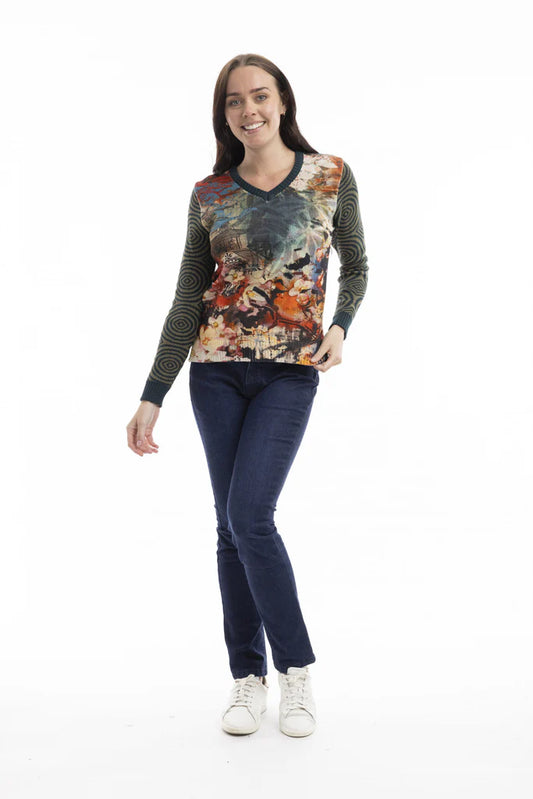Orientique Digital V-Neck Knit Top